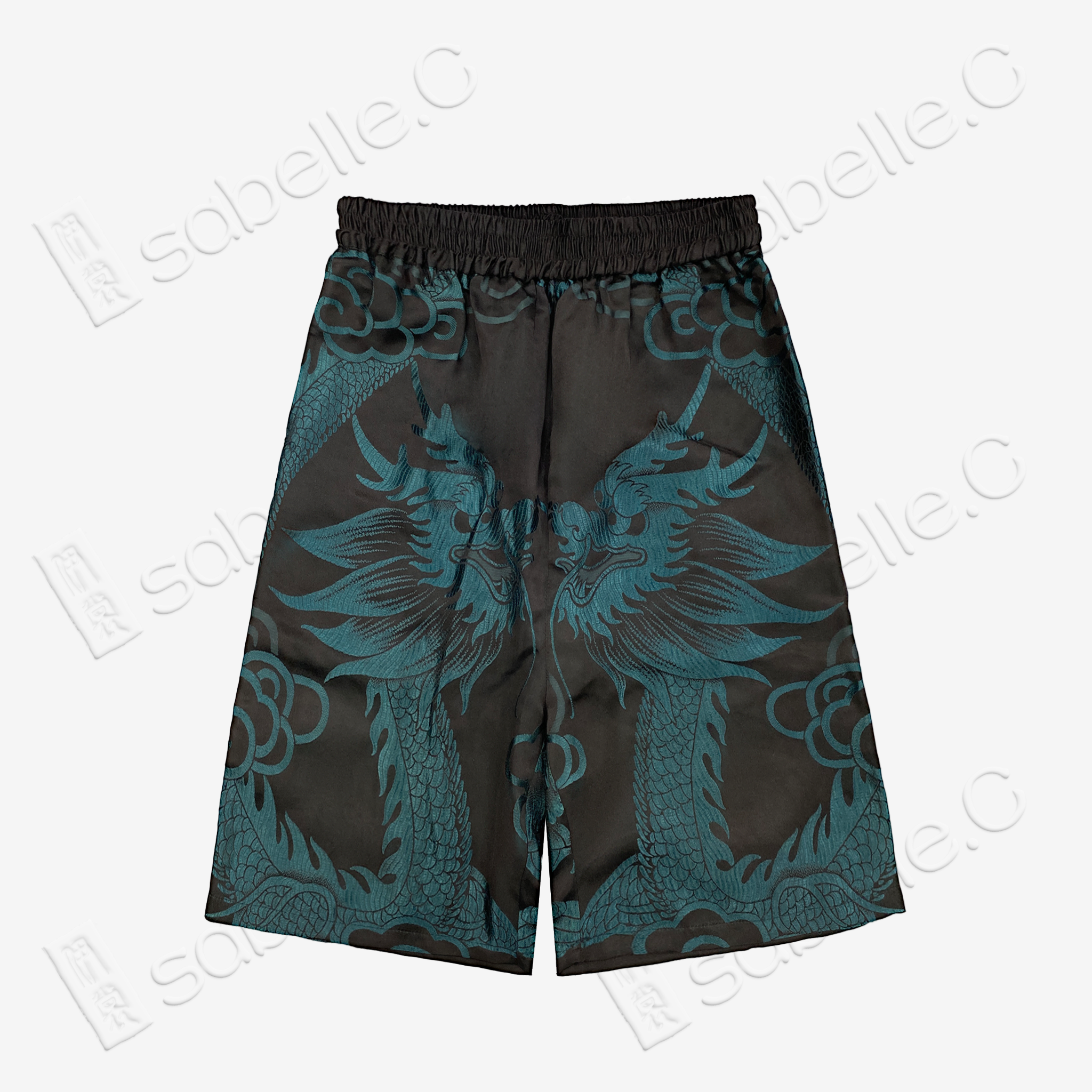 Dark Abyss Cyan Twin Dragon Antique Silk Shorts - 「玄淵蒼龍」古董真絲短褲