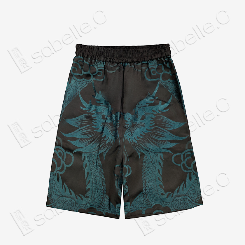 Dark Abyss Cyan Twin Dragon Antique Silk Shorts - 「玄淵蒼龍」古董真絲短褲