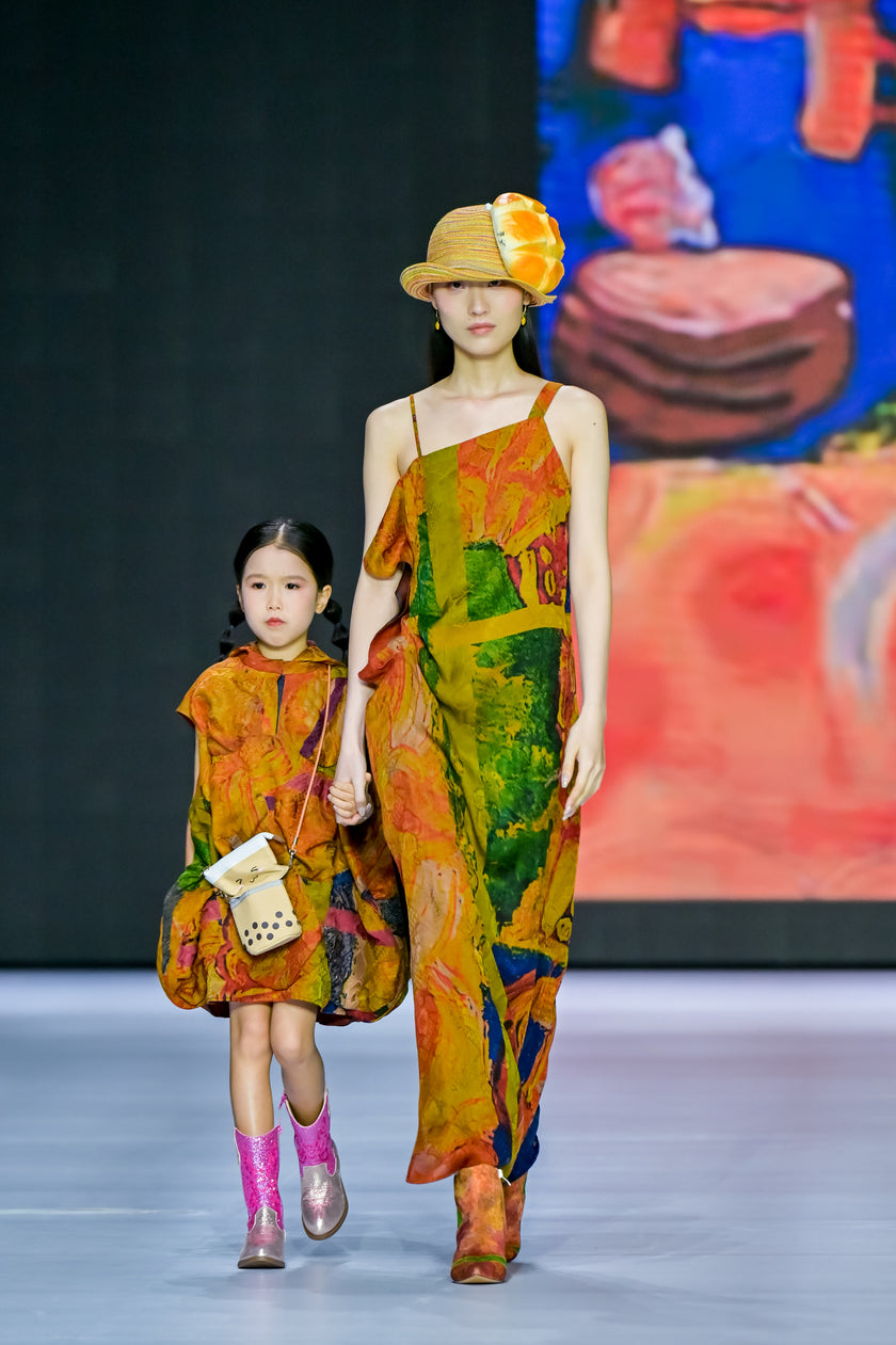 Original Gambiered Canton Silk Dress Printed with Children's Art