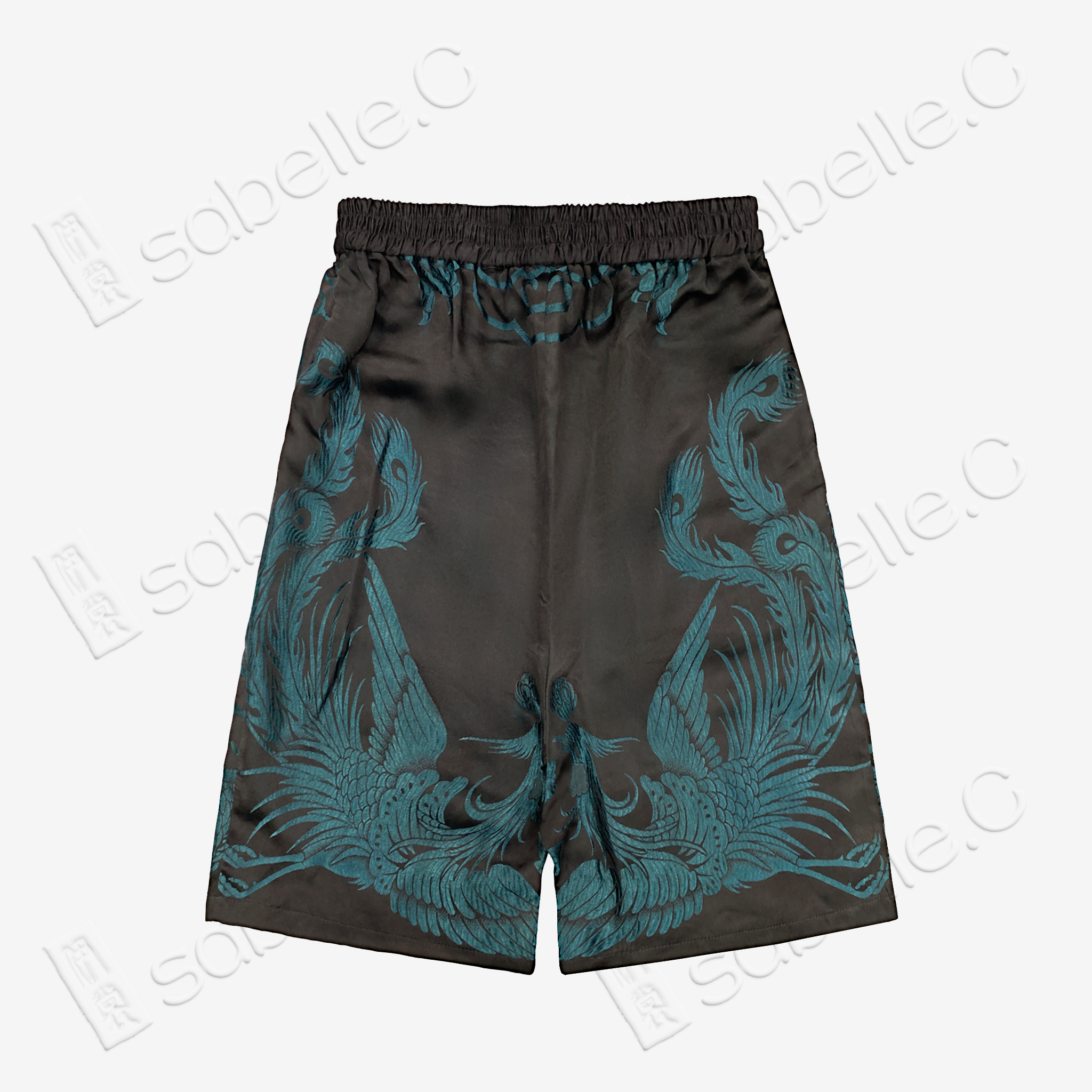 Dark Abyss Cyan Twin Dragon Antique Silk Shorts - 「玄淵蒼龍」古董真絲短褲