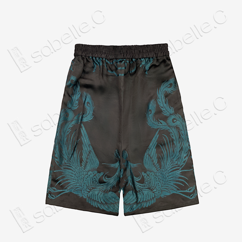 Dark Abyss Cyan Twin Dragon Antique Silk Shorts - 「玄淵蒼龍」古董真絲短褲