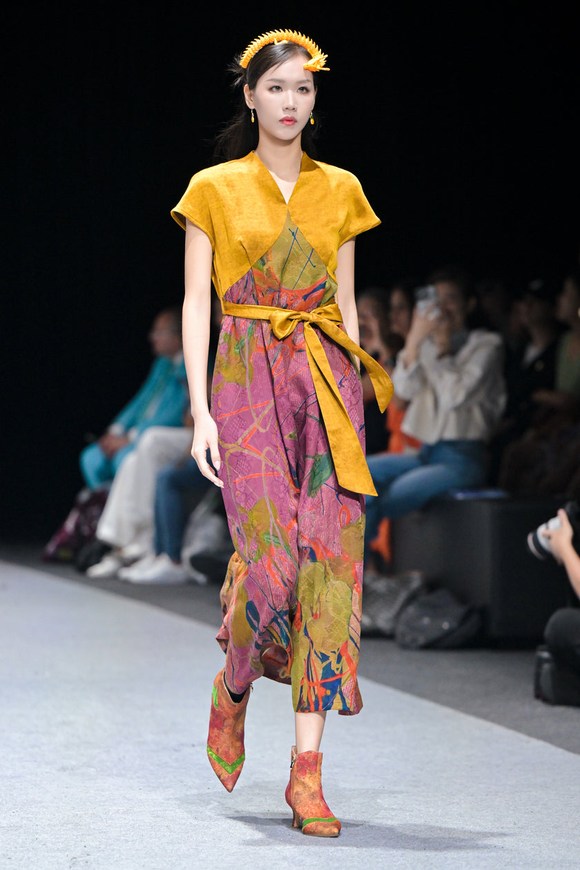 Gambiered Canton Silk Patchwork Dress (With Belt)