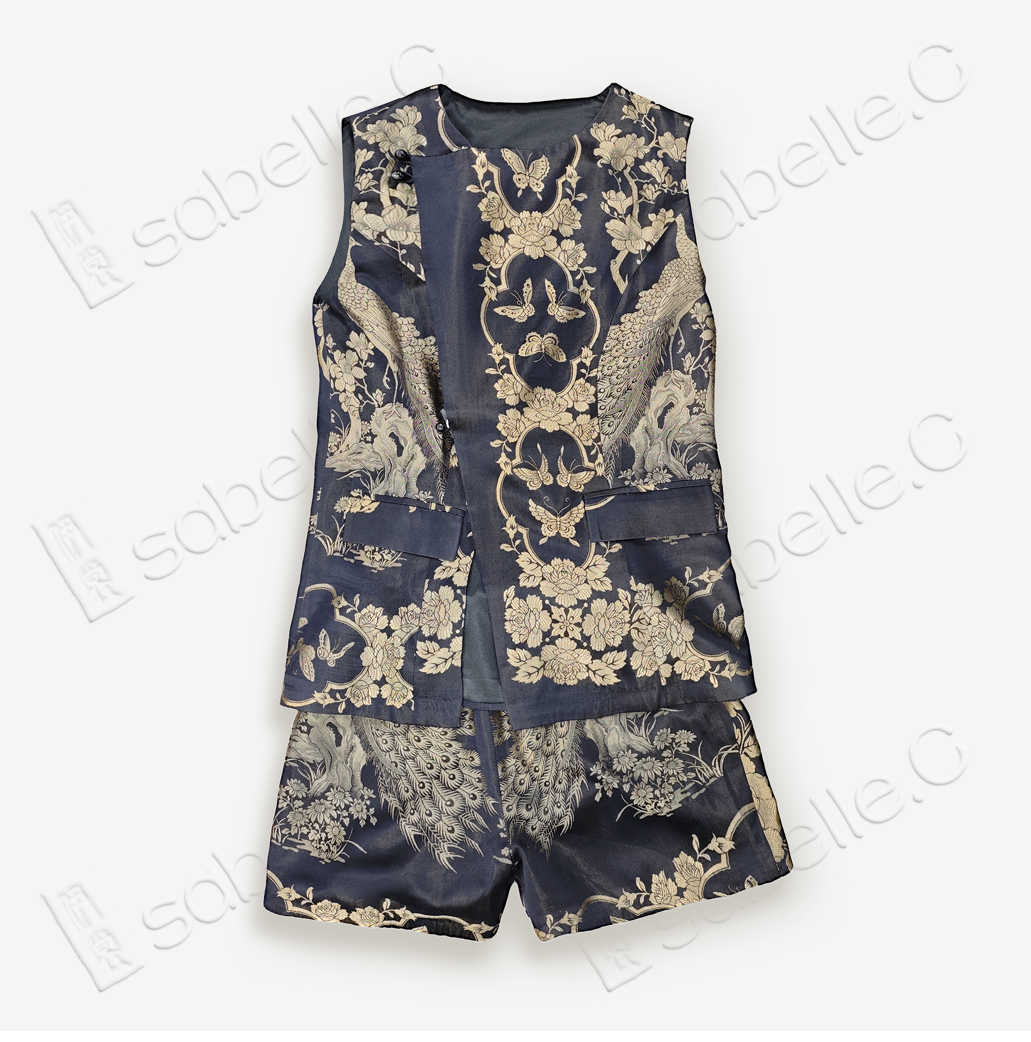 Vintage Silk Jacquard Sleeveless Vest Set