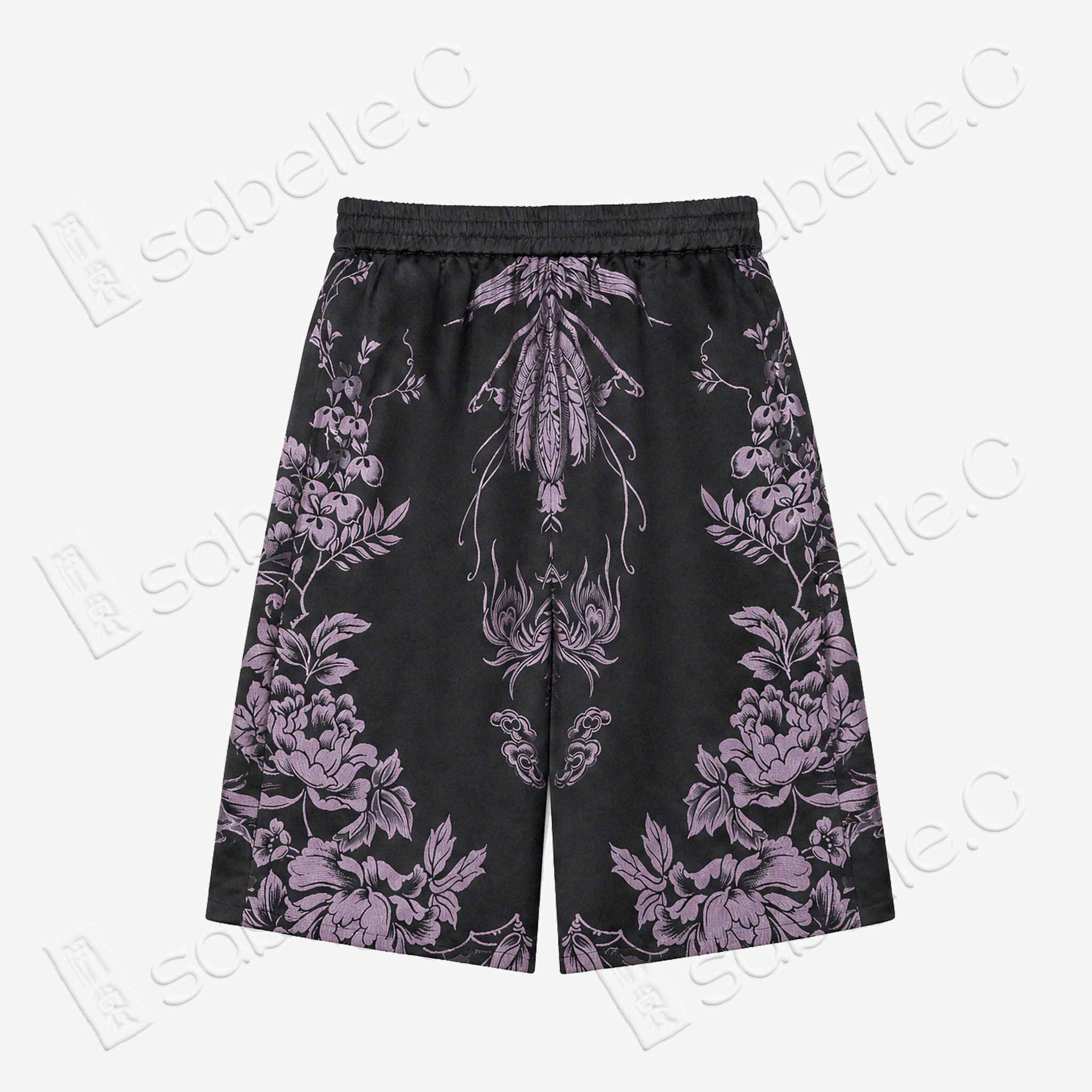 Obsidian Black Lilac Dragon Antique Silk Shorts -  「玄底紫龍 」古董真絲短褲