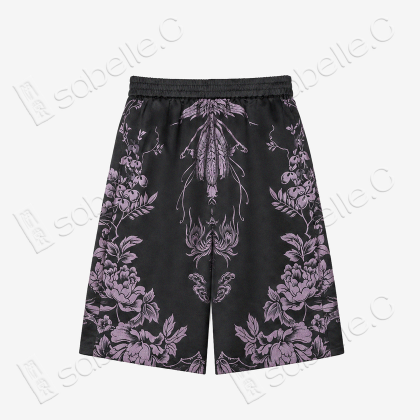 Obsidian Black Lilac Dragon Antique Silk Shorts -  「玄底紫龍 」古董真絲短褲