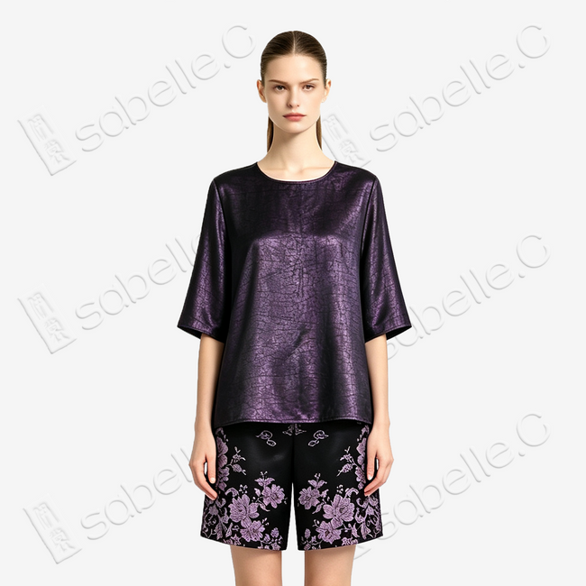Obsidian Black Lilac Dragon Antique Silk Shorts -  「玄底紫龍 」古董真絲短褲