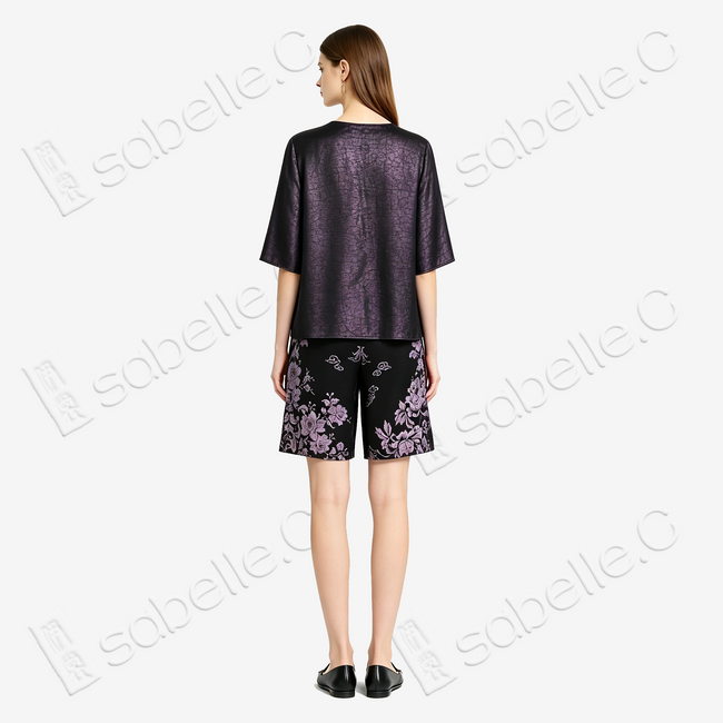 Obsidian Black Lilac Dragon Antique Silk Shorts -  「玄底紫龍 」古董真絲短褲