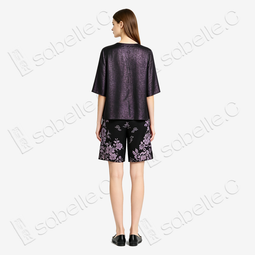 Obsidian Black Lilac Dragon Antique Silk Shorts -  「玄底紫龍 」古董真絲短褲
