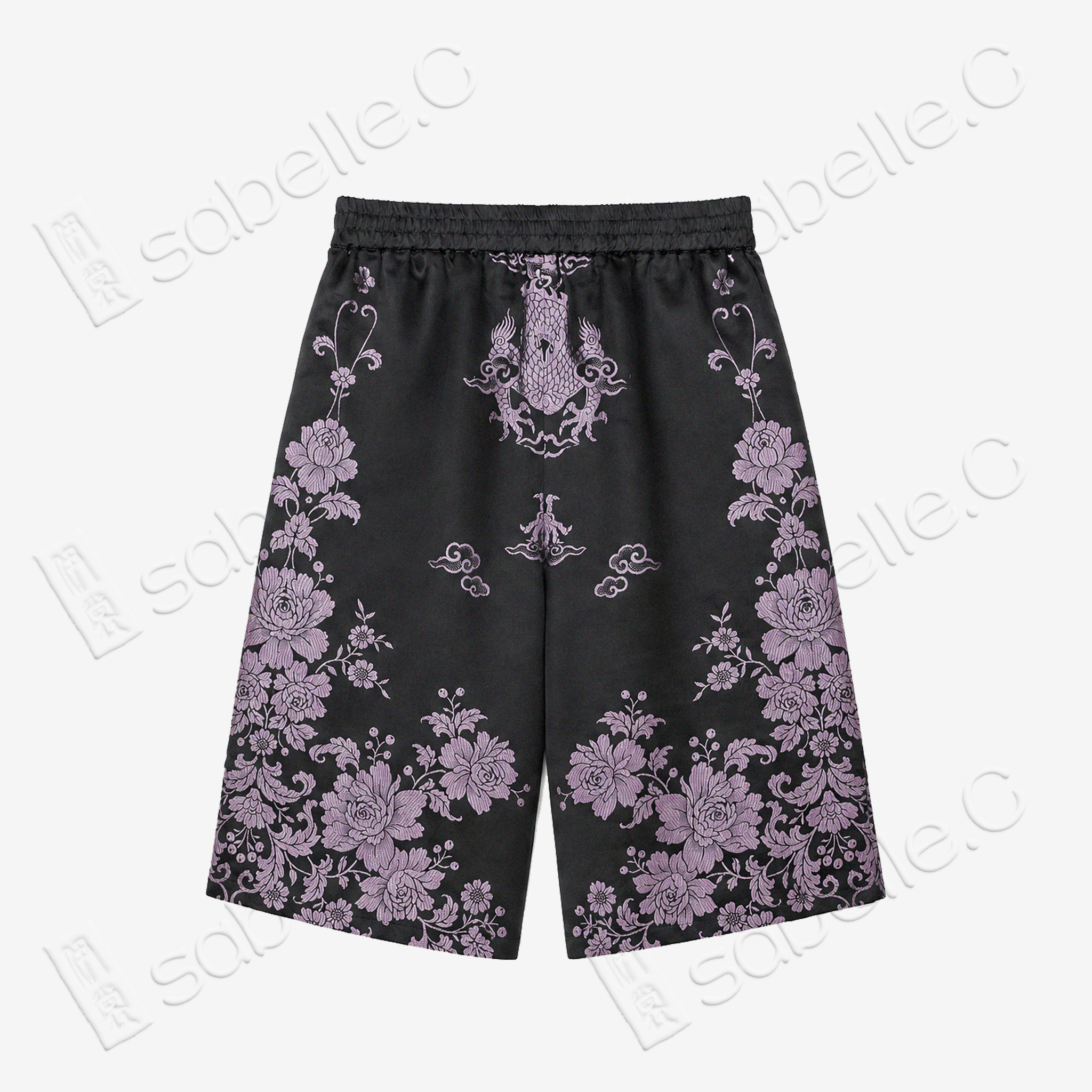 Obsidian Black Lilac Dragon Antique Silk Shorts -  「玄底紫龍 」古董真絲短褲