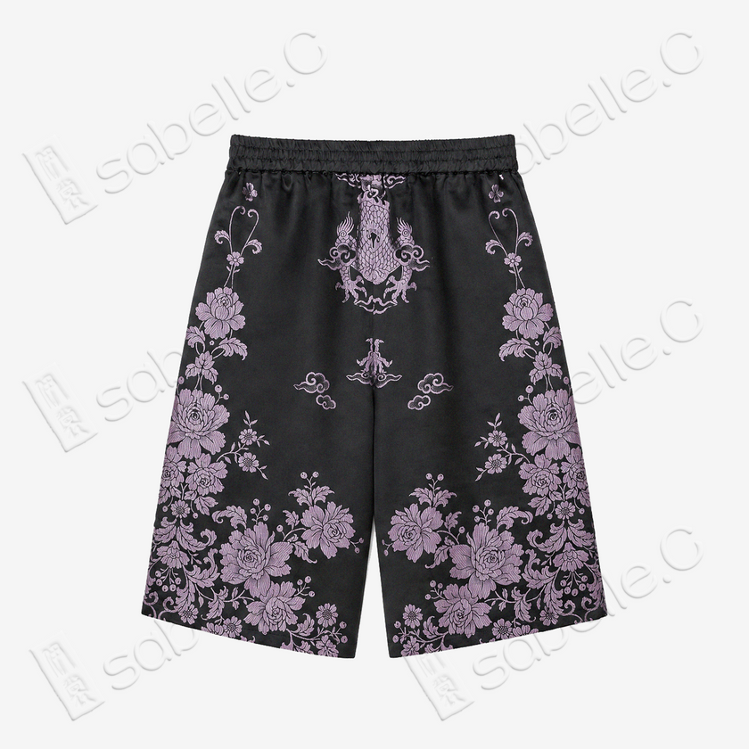 Obsidian Black Lilac Dragon Antique Silk Shorts -  「玄底紫龍 」古董真絲短褲