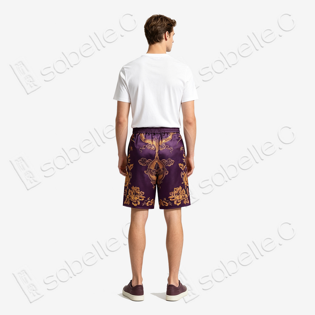 Eggplant Purple Gilded Phoenix Antique Silk Shorts - 「檀紫鎏鳳」古董真絲短褲