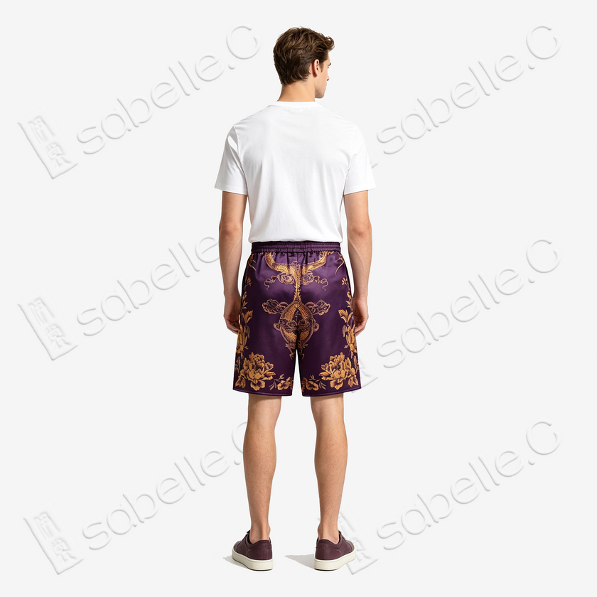 Eggplant Purple Gilded Phoenix Antique Silk Shorts - 「檀紫鎏鳳」古董真絲短褲