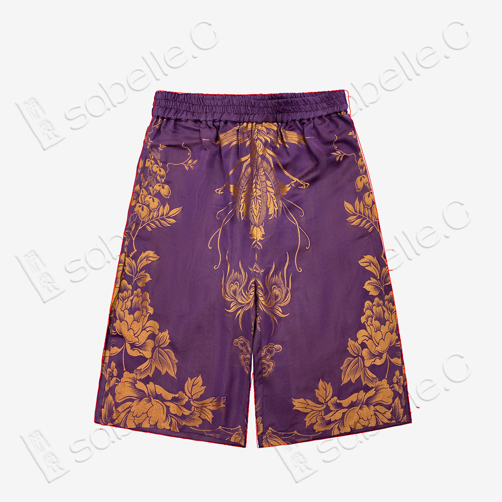 Eggplant Purple Gilded Phoenix Antique Silk Shorts - 「檀紫鎏鳳」古董真絲短褲