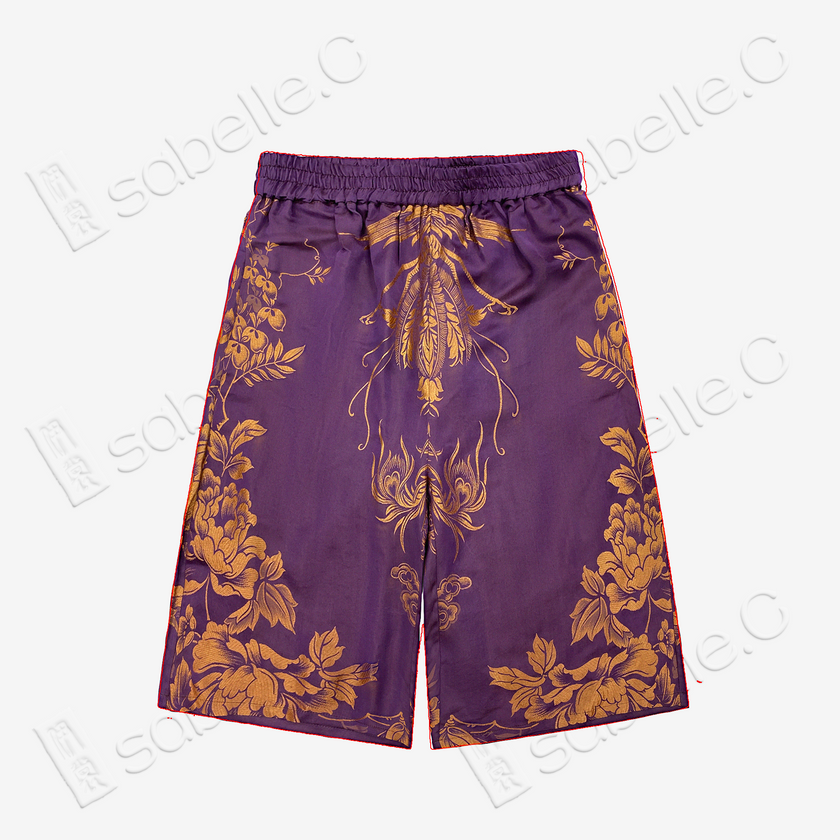 Eggplant Purple Gilded Phoenix Antique Silk Shorts - 「檀紫鎏鳳」古董真絲短褲