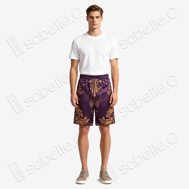 Eggplant Purple Gilded Phoenix Antique Silk Shorts - 「檀紫鎏鳳」古董真絲短褲