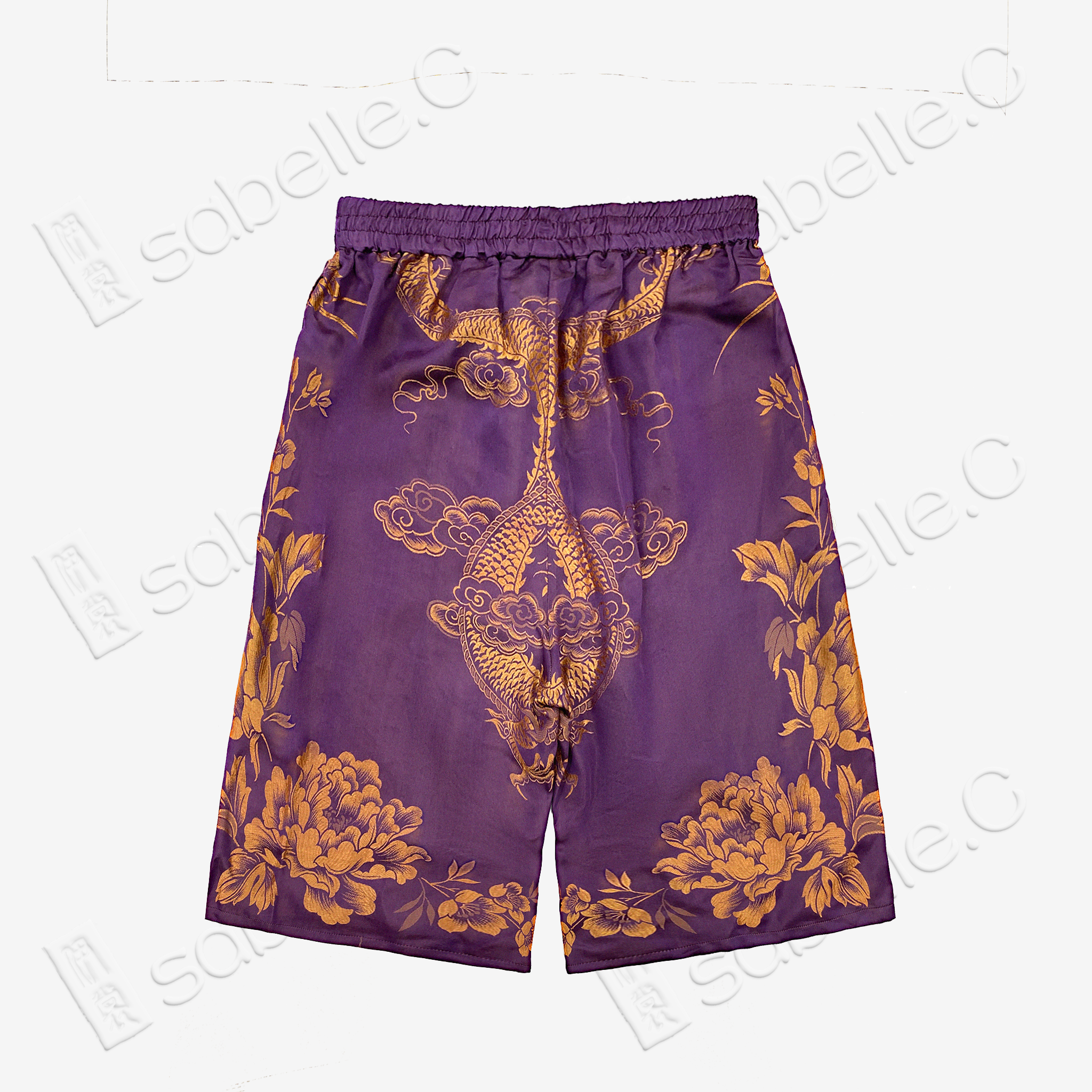 Eggplant Purple Gilded Phoenix Antique Silk Shorts - 「檀紫鎏鳳」古董真絲短褲