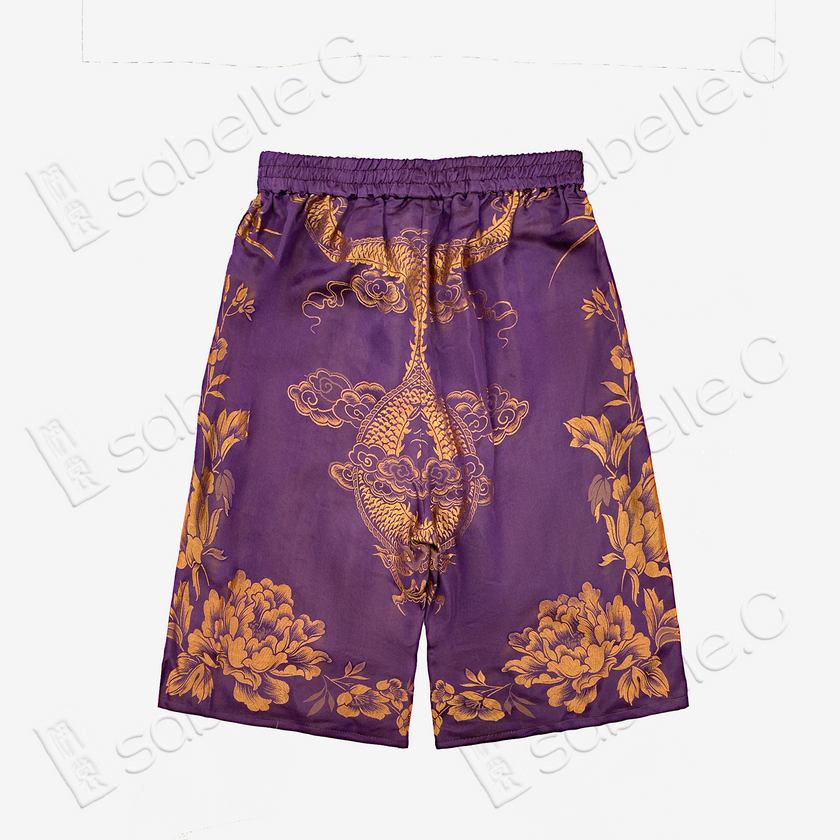 Eggplant Purple Gilded Phoenix Antique Silk Shorts - 「檀紫鎏鳳」古董真絲短褲