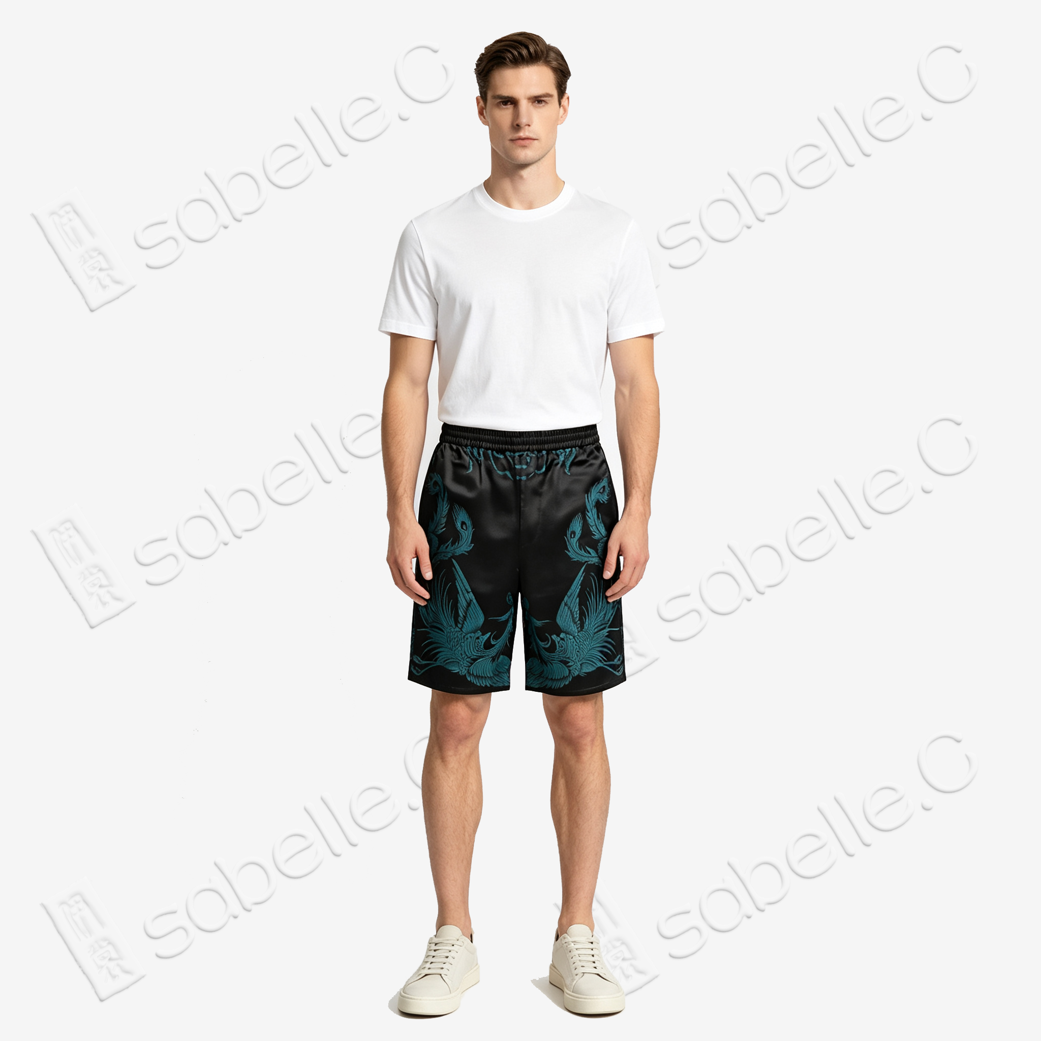 Dark Abyss Cyan Twin Dragon Antique Silk Shorts - 「玄淵蒼龍」古董真絲短褲