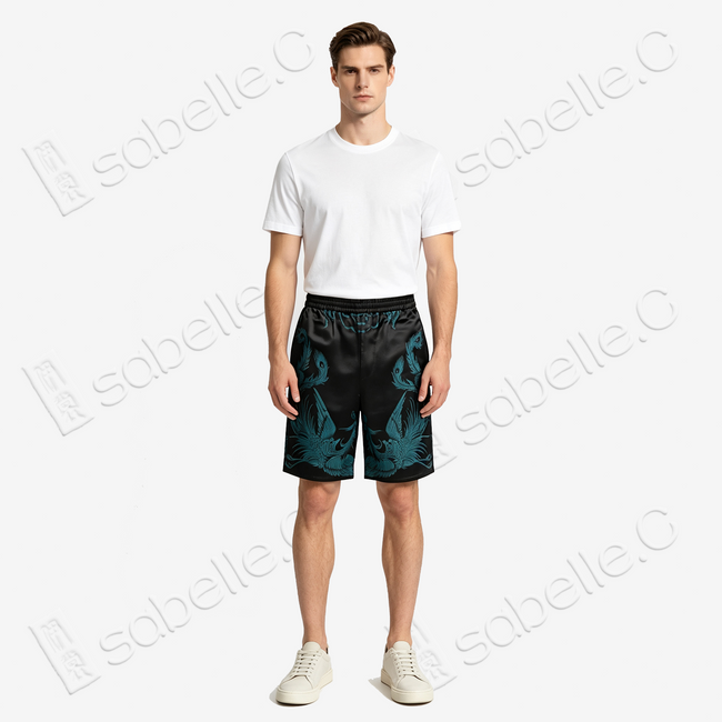 Dark Abyss Cyan Twin Dragon Antique Silk Shorts - 「玄淵蒼龍」古董真絲短褲