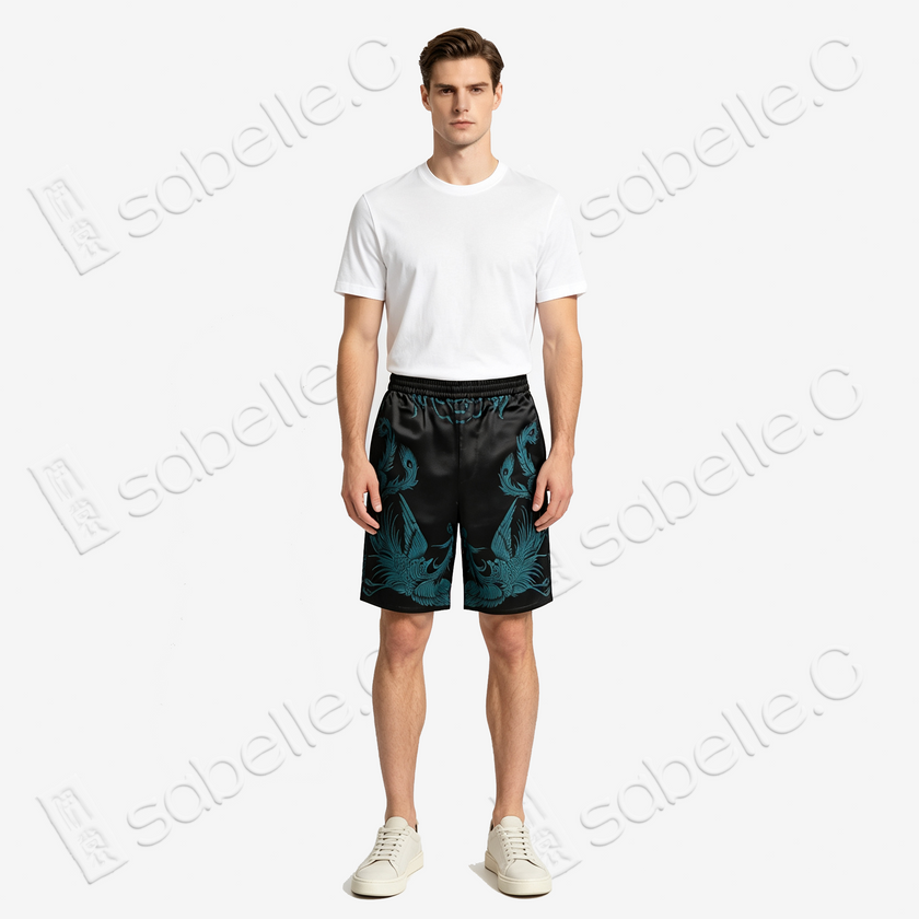 Dark Abyss Cyan Twin Dragon Antique Silk Shorts - 「玄淵蒼龍」古董真絲短褲