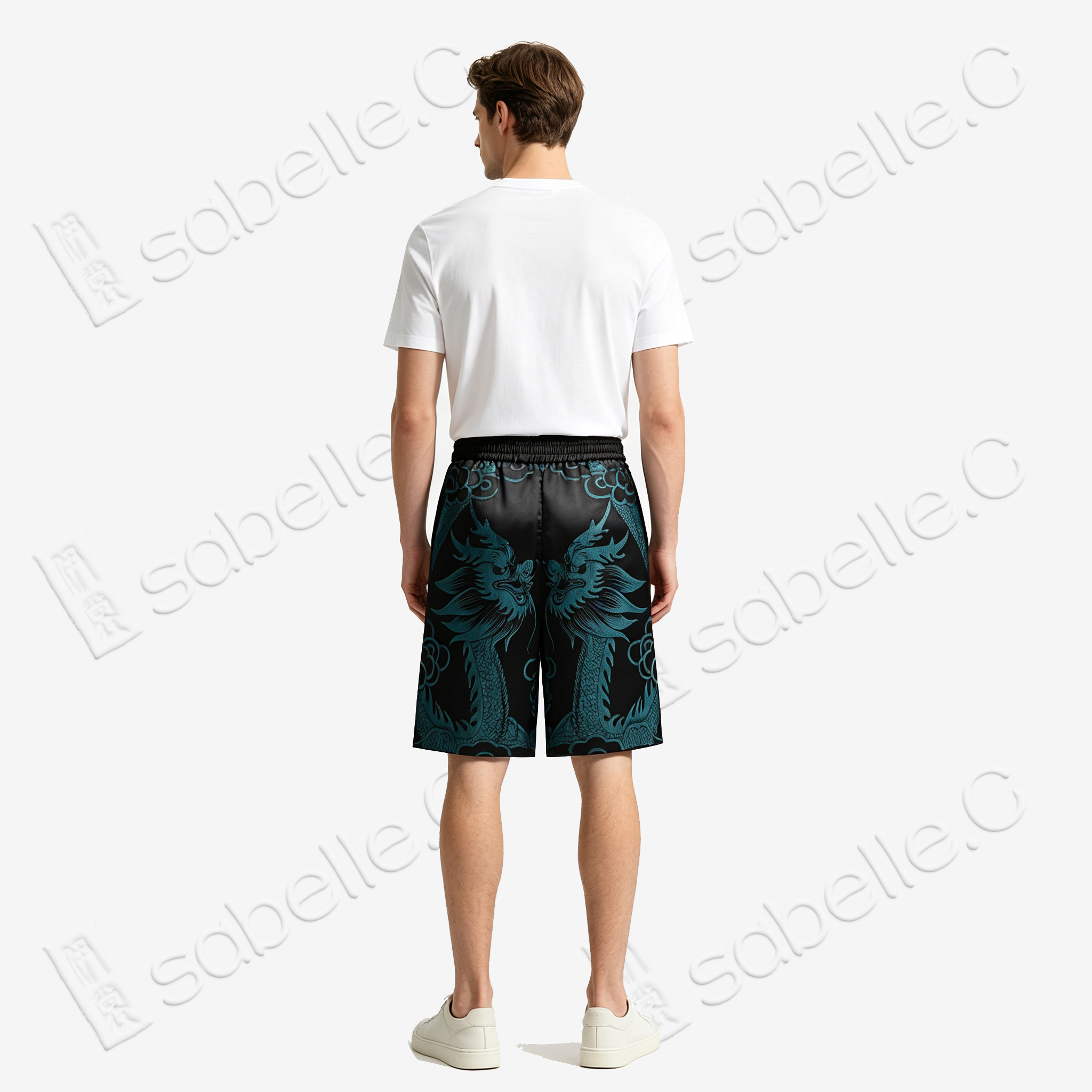 Dark Abyss Cyan Twin Dragon Antique Silk Shorts - 「玄淵蒼龍」古董真絲短褲