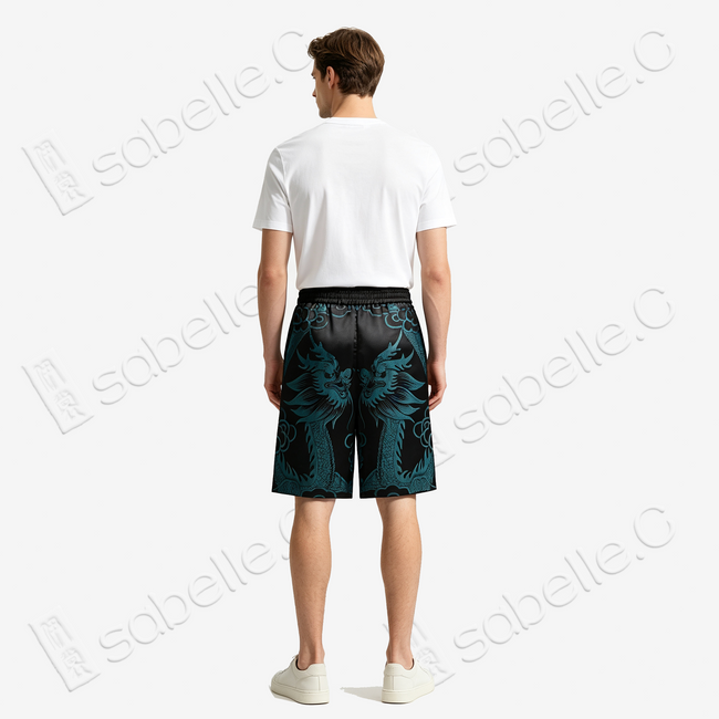 Dark Abyss Cyan Twin Dragon Antique Silk Shorts - 「玄淵蒼龍」古董真絲短褲