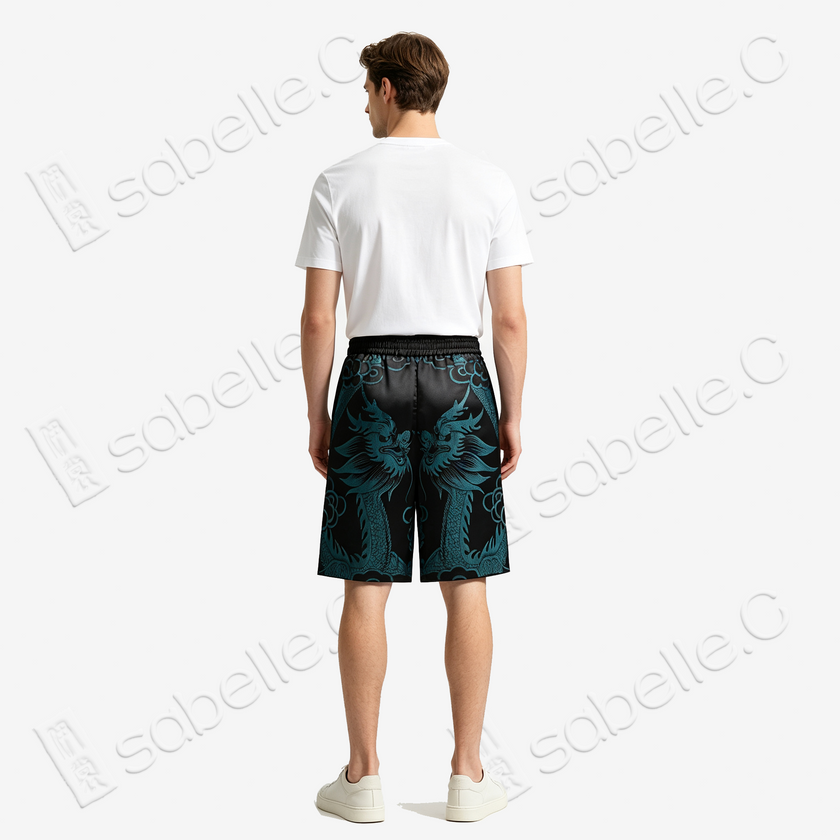 Dark Abyss Cyan Twin Dragon Antique Silk Shorts - 「玄淵蒼龍」古董真絲短褲