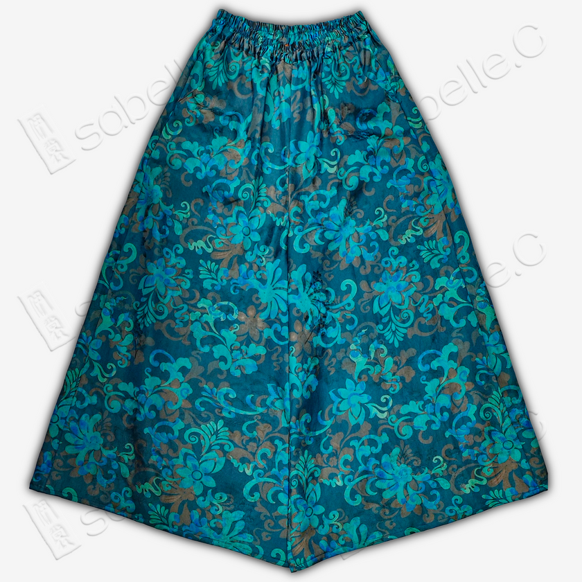 Gambiered Canton Silk Floral Pattern Wide-Leg Pants