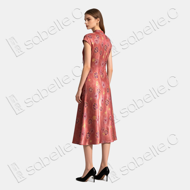 Crimson Sunset Clove Bloom Gambiered Canton Silk Qipao - 緋霞棠華香雲紗旗袍