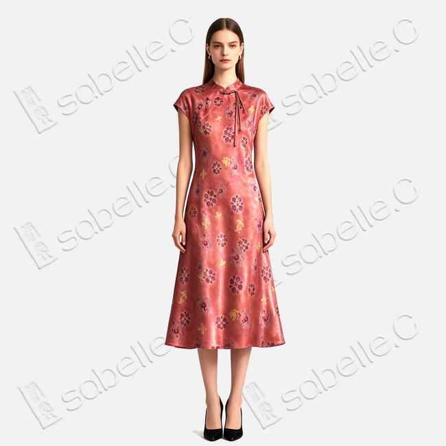 Crimson Sunset Clove Bloom Gambiered Canton Silk Qipao - 緋霞棠華香雲紗旗袍