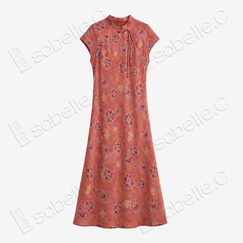 Crimson Sunset Clove Bloom Gambiered Canton Silk Qipao - 緋霞棠華香雲紗旗袍