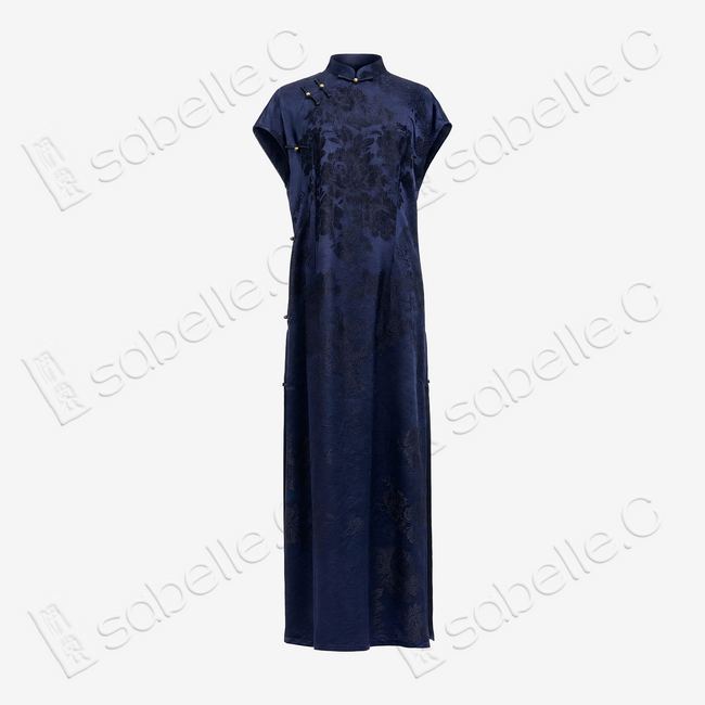 Navy Peony Jacquard Vintage Silk Satin Qipao - 藏青牡丹暗花真絲老緞旗袍
