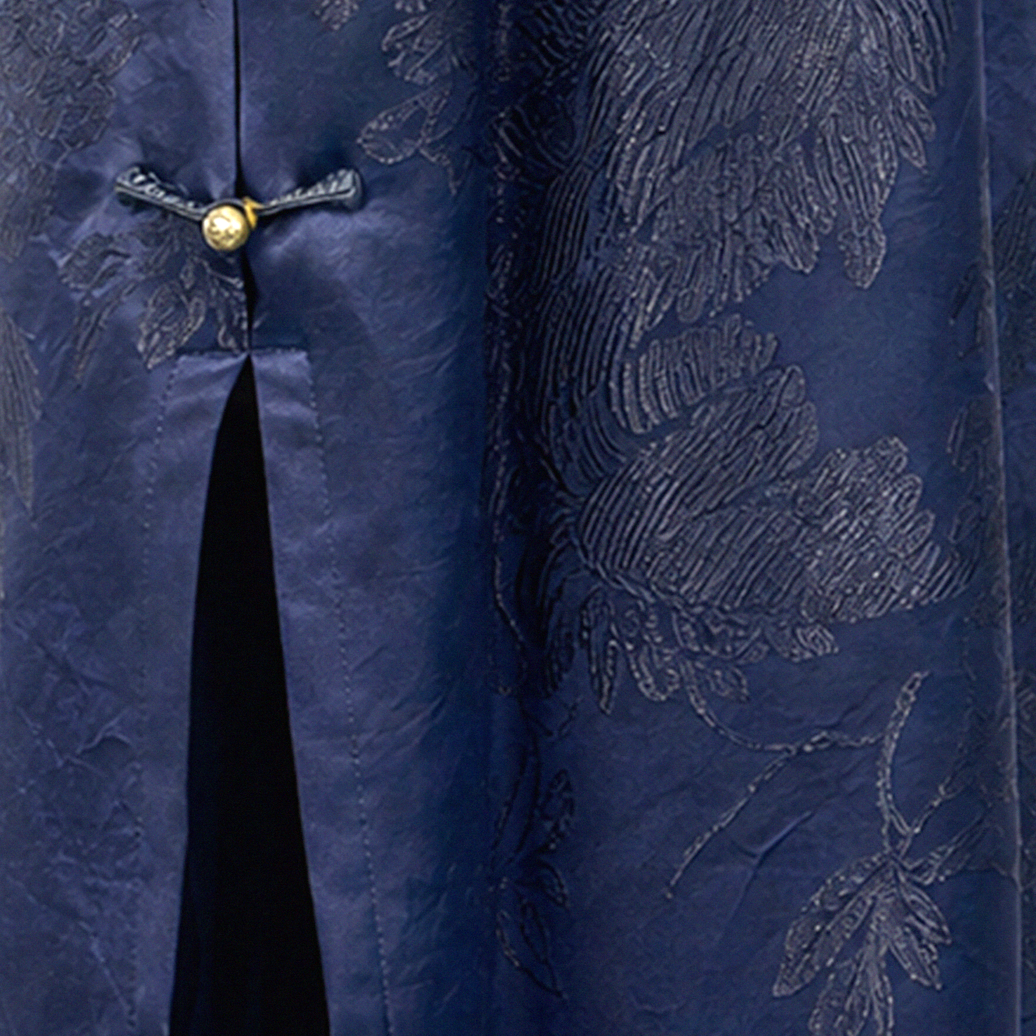 Navy Peony Jacquard Vintage Silk Satin Qipao - 藏青牡丹暗花真絲老緞旗袍
