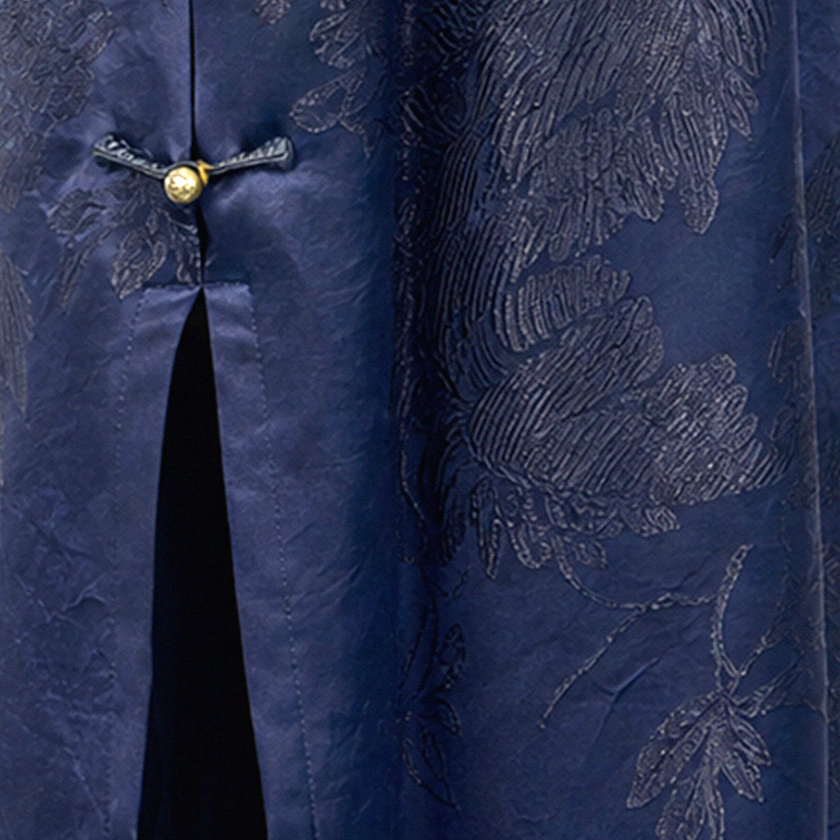 Navy Peony Jacquard Vintage Silk Satin Qipao - 藏青牡丹暗花真絲老緞旗袍