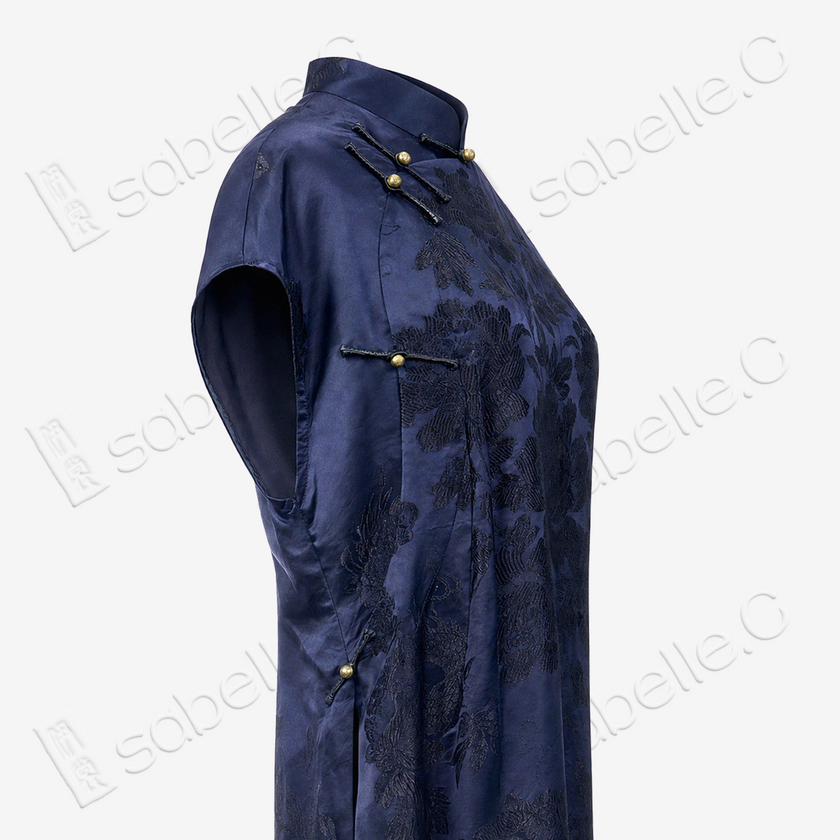 Navy Peony Jacquard Vintage Silk Satin Qipao - 藏青牡丹暗花真絲老緞旗袍
