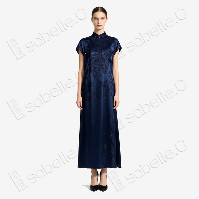 Navy Peony Jacquard Vintage Silk Satin Qipao - 藏青牡丹暗花真絲老緞旗袍