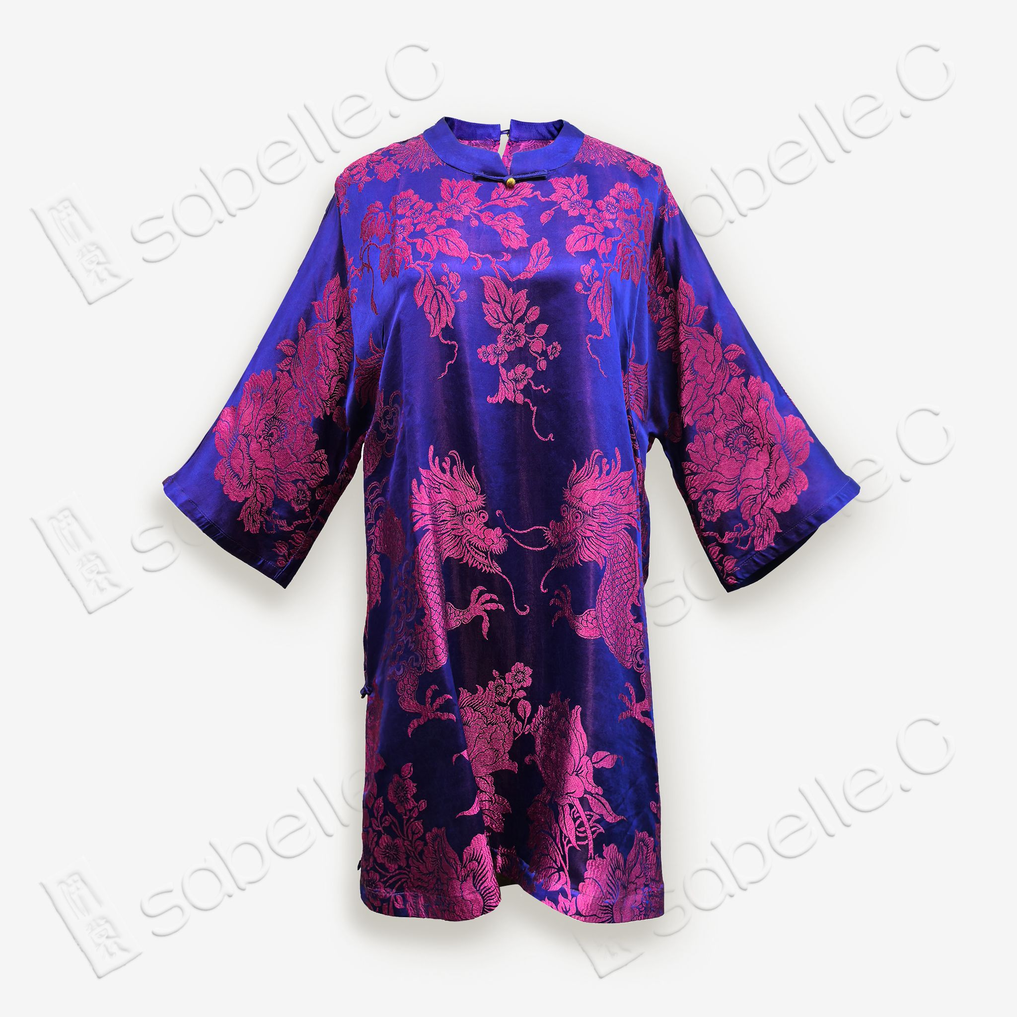 Vintage Silk Satin Top with Round Shou Buttons, 3/4 Sleeves