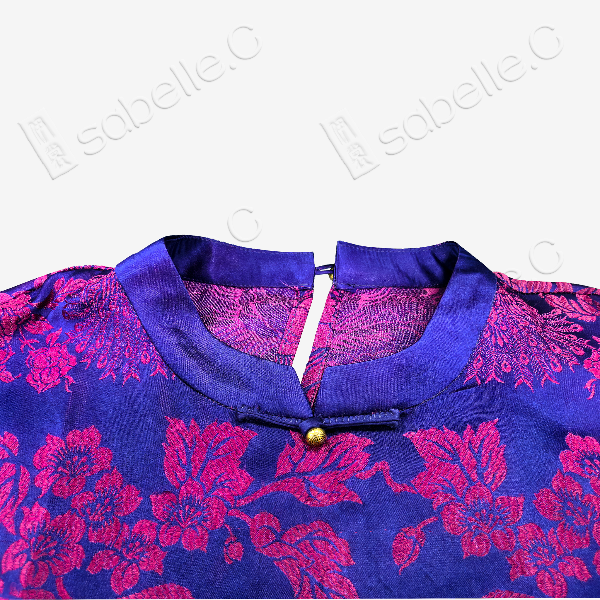 Vintage Silk Satin Top with Round Shou Buttons, 3/4 Sleeves