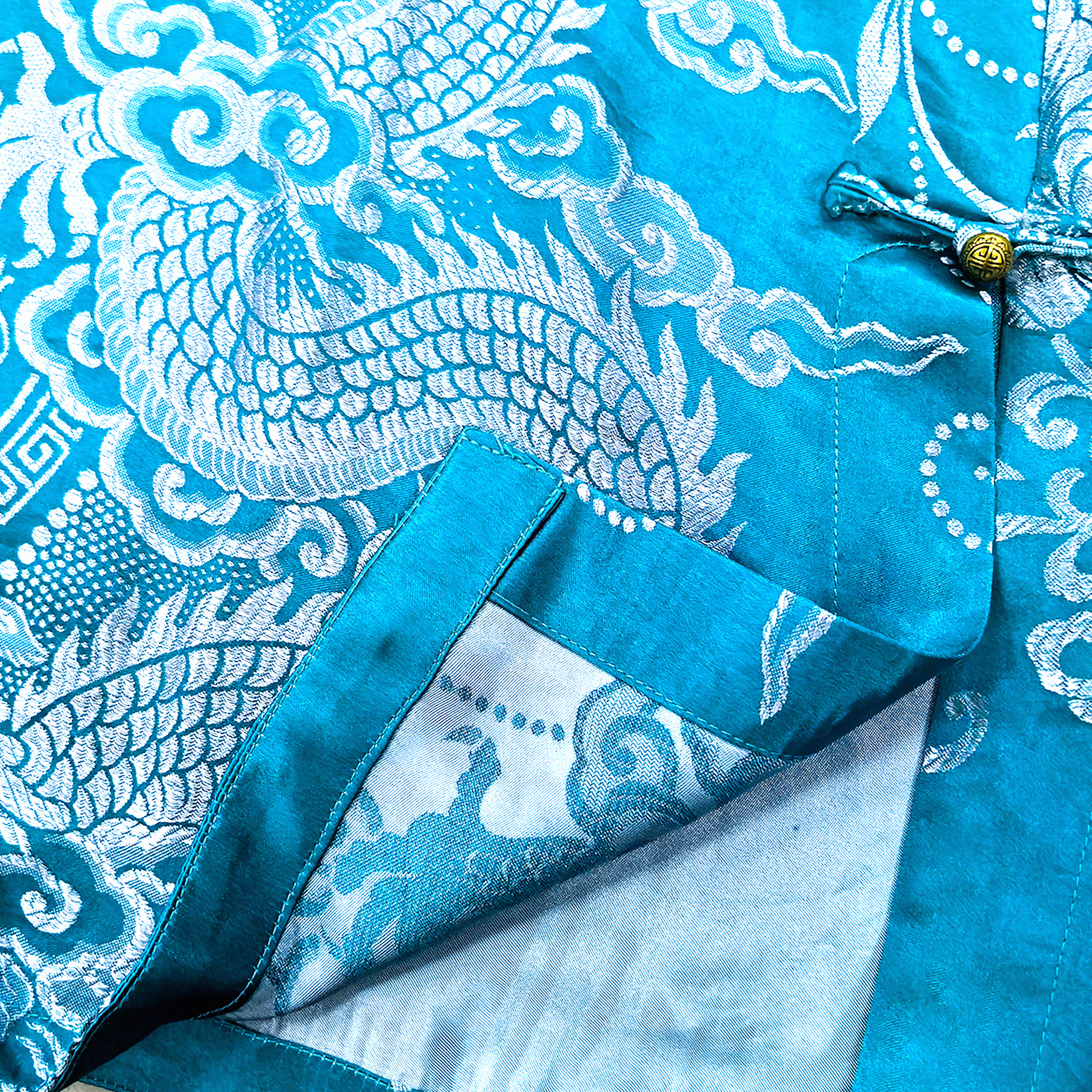 Lake Blue Twin Dragons Pearl Motif Vintage Silk Satin Tunic - 湖藍雙龍戲珠真絲老緞長衫
