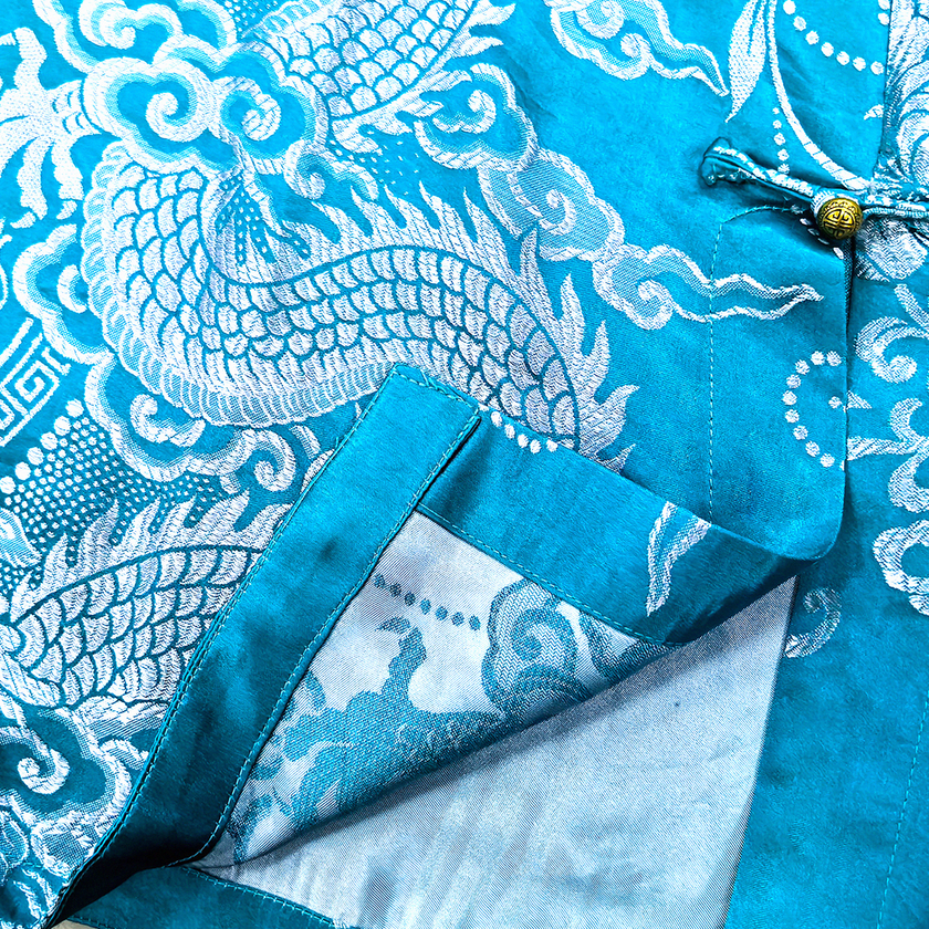 Lake Blue Twin Dragons Pearl Motif Vintage Silk Satin Tunic - 湖藍雙龍戲珠真絲老緞長衫