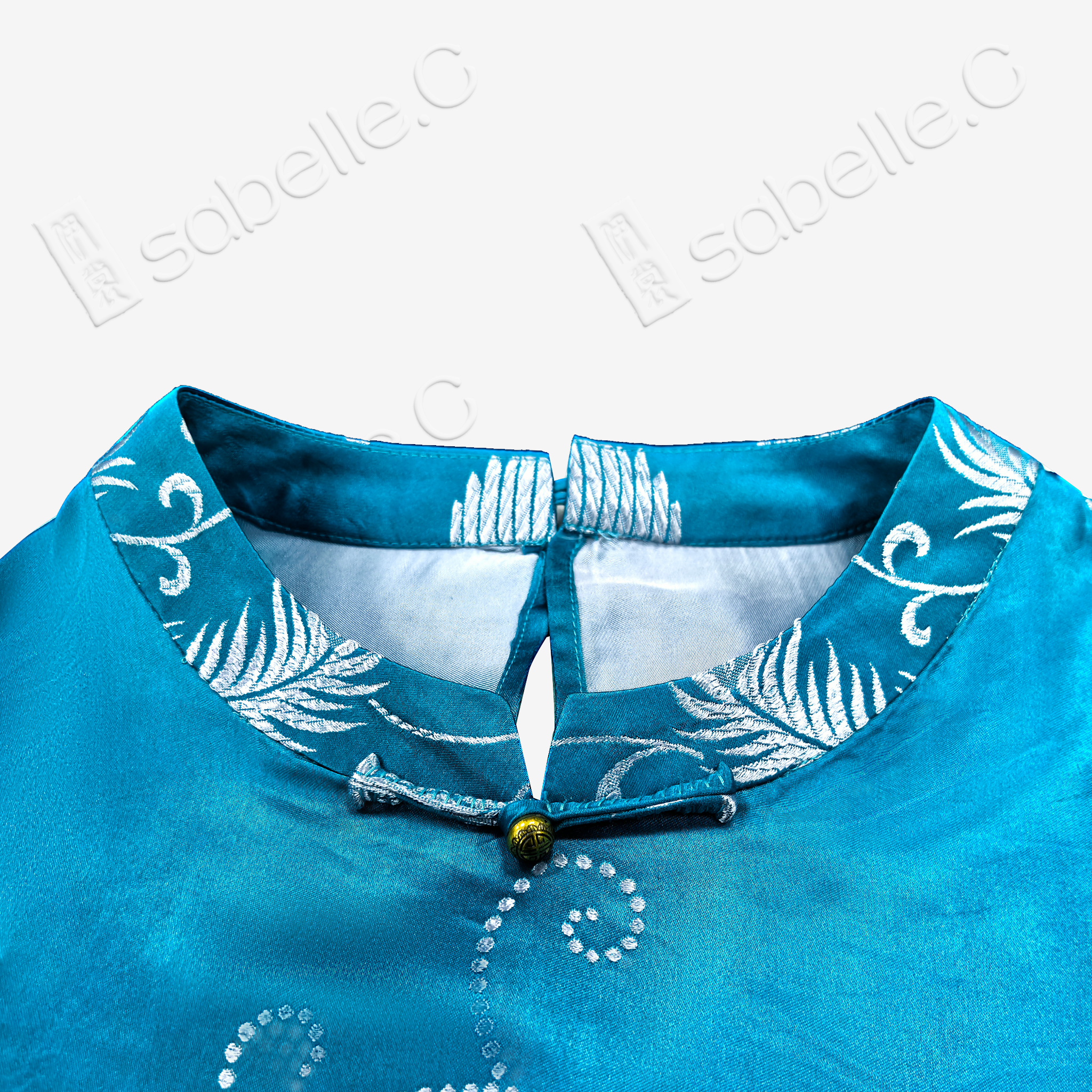 Lake Blue Twin Dragons Pearl Motif Vintage Silk Satin Tunic - 湖藍雙龍戲珠真絲老緞長衫