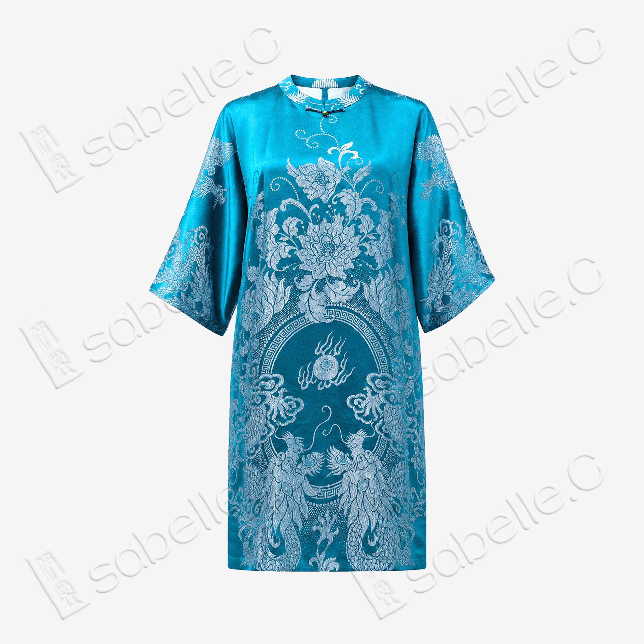 Lake Blue Twin Dragons Pearl Motif Vintage Silk Satin Tunic - 湖藍雙龍戲珠真絲老緞長衫
