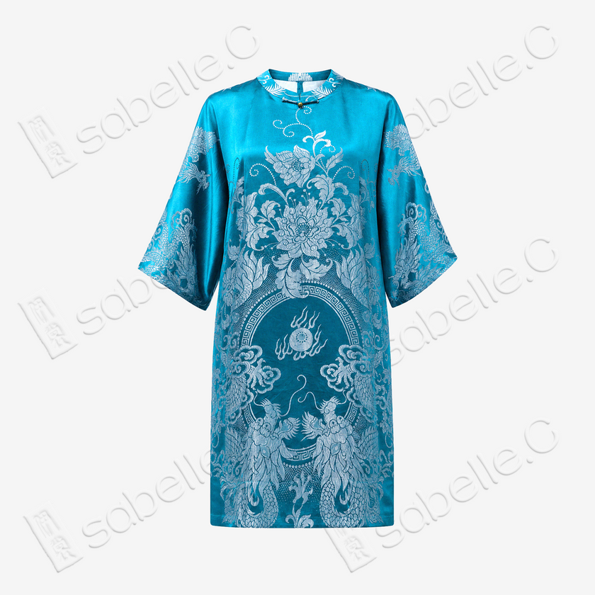 Lake Blue Twin Dragons Pearl Motif Vintage Silk Satin Tunic - 湖藍雙龍戲珠真絲老緞長衫