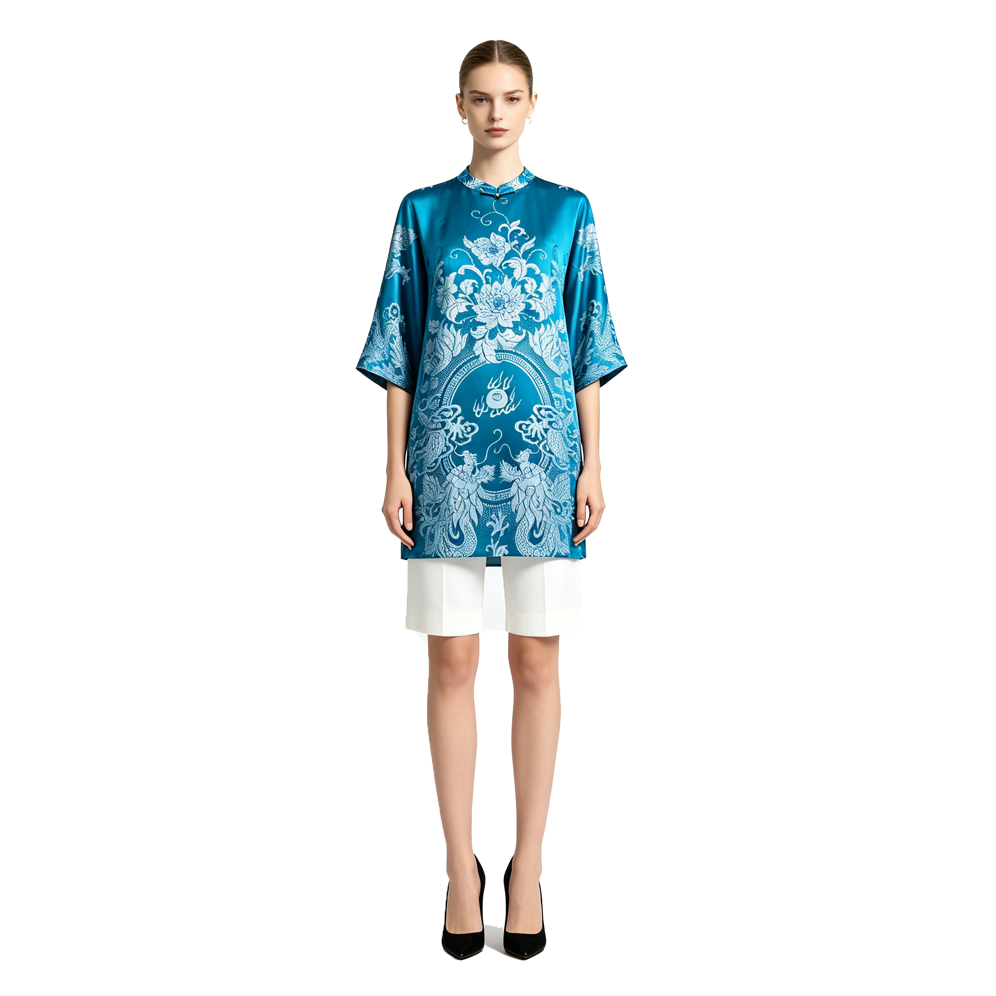 Lake Blue Twin Dragons Pearl Motif Vintage Silk Satin Tunic - 湖藍雙龍戲珠真絲老緞長衫