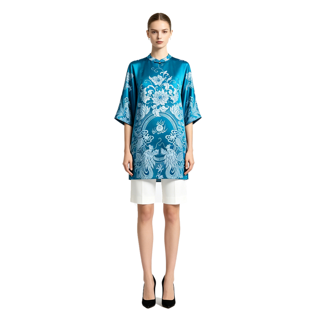 Lake Blue Twin Dragons Pearl Motif Vintage Silk Satin Tunic - 湖藍雙龍戲珠真絲老緞長衫