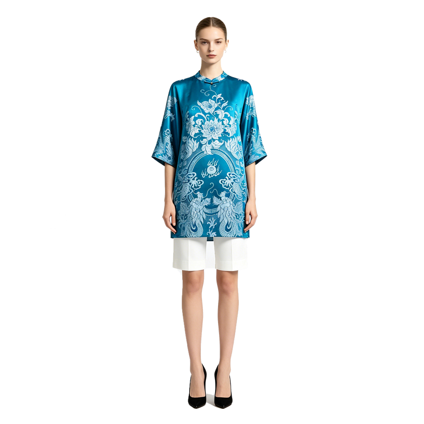 Lake Blue Twin Dragons Pearl Motif Vintage Silk Satin Tunic - 湖藍雙龍戲珠真絲老緞長衫