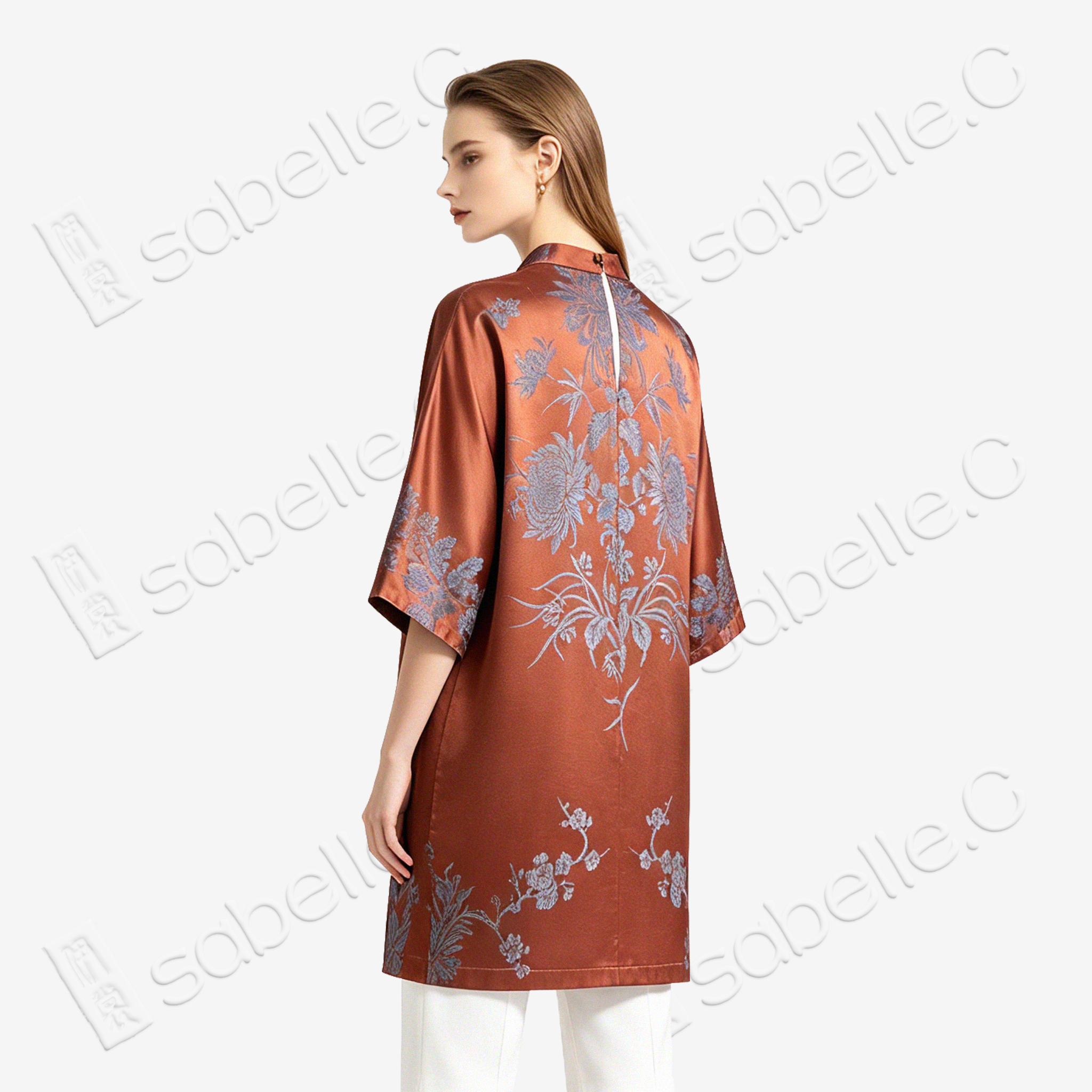 Rust Silk Winter Branches Antique Silk Satin Tunic - 「赭綢寒枝」古董真絲面料長衫