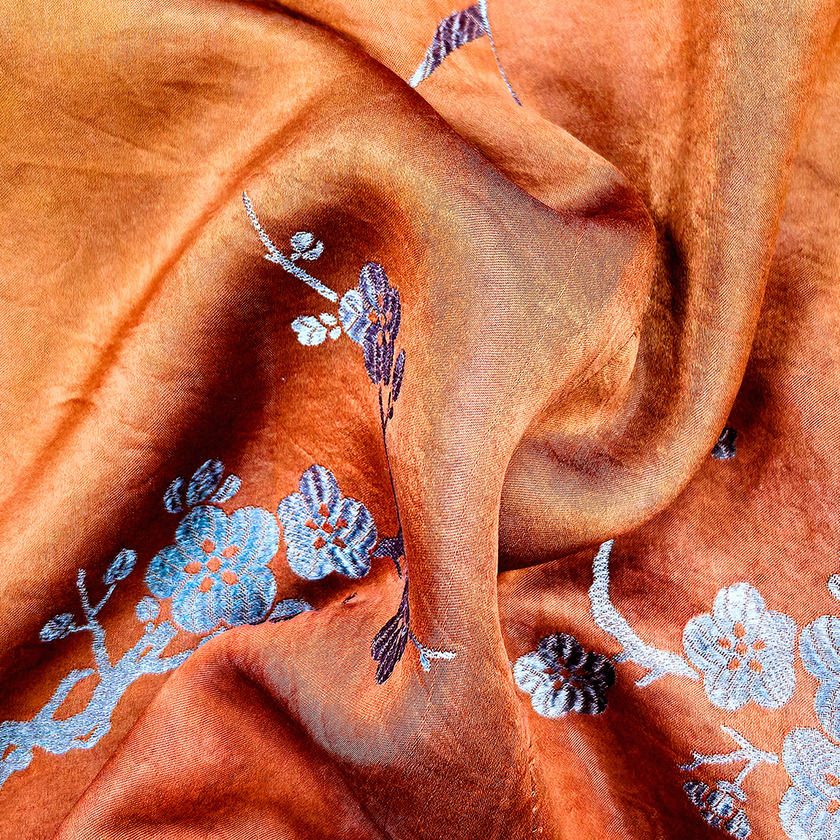 Rust Silk Winter Branches Antique Silk Satin Tunic - 「赭綢寒枝」古董真絲面料長衫