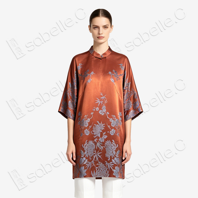 Rust Silk Winter Branches Antique Silk Satin Tunic - 「赭綢寒枝」古董真絲面料長衫