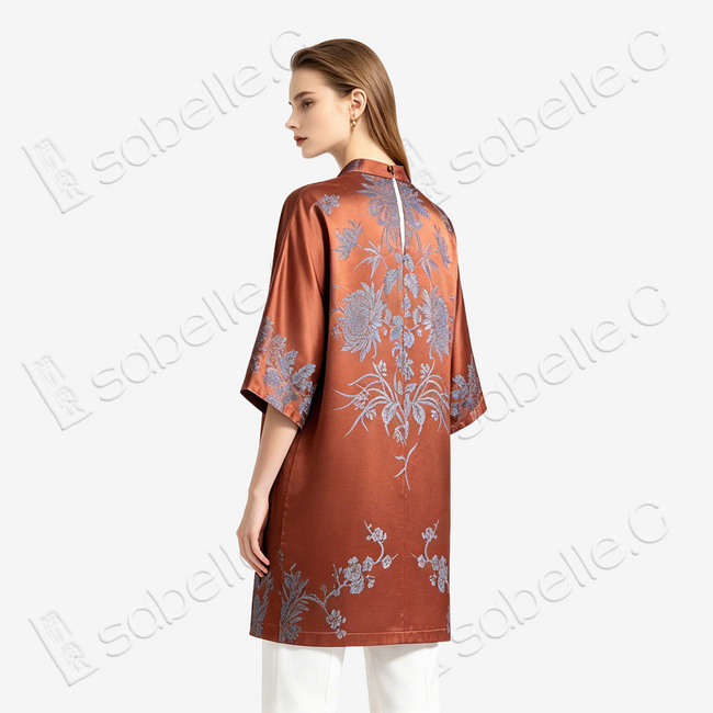 Rust Silk Winter Branches Antique Silk Satin Tunic - 「赭綢寒枝」古董真絲面料長衫